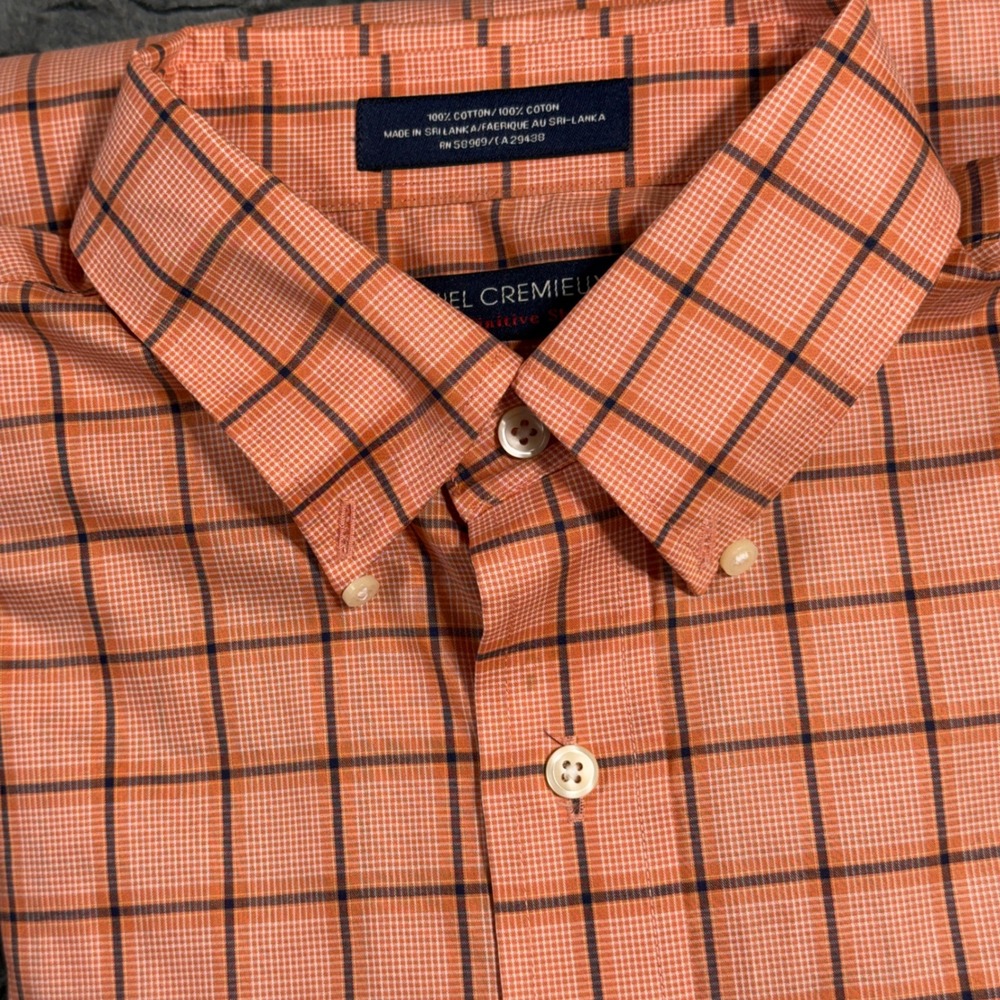 Daniel Cremieux Button Down Shirt Mens Medium‎ Orange Plaid Short Sleeve Italian